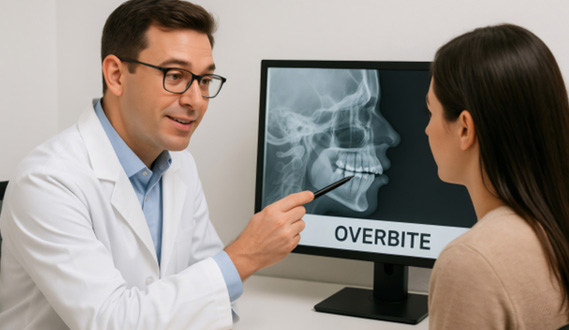 Dentist using image on computer to explain overbite